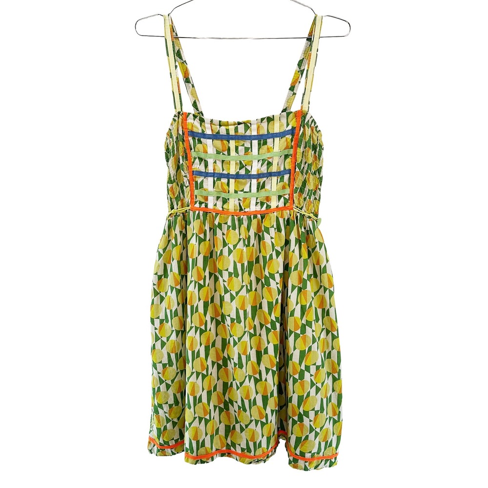 FREE PEOPLE Retro Fit & Flare Smocked Sundress • 8 • yellow orange green • boho